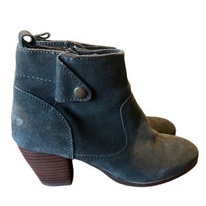 Diba Grey Suede Ankle Boots Round Toe Stacked Block Heel Side Zip Womens 7